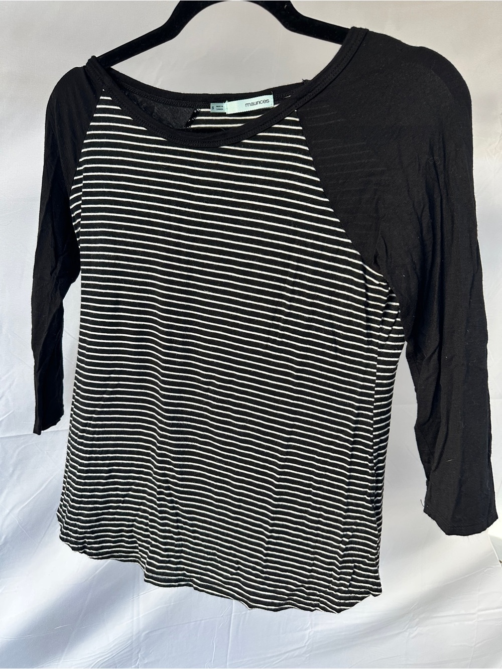 Maurices Small Black White Striped 3/4 Sleeve Raglan Top